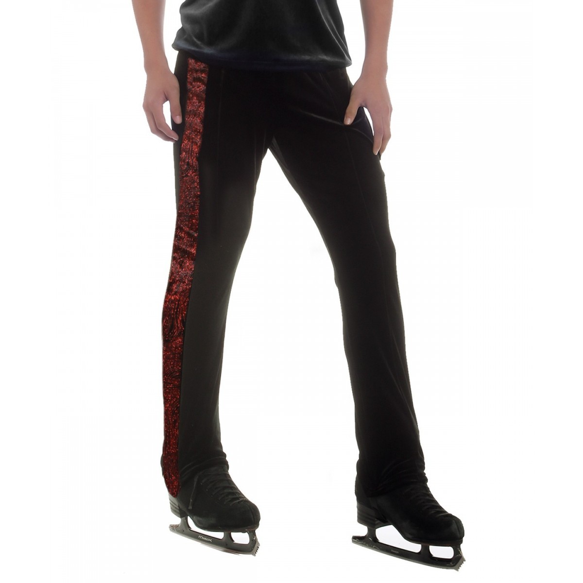 Black long pants with red swirl taping - figure skating